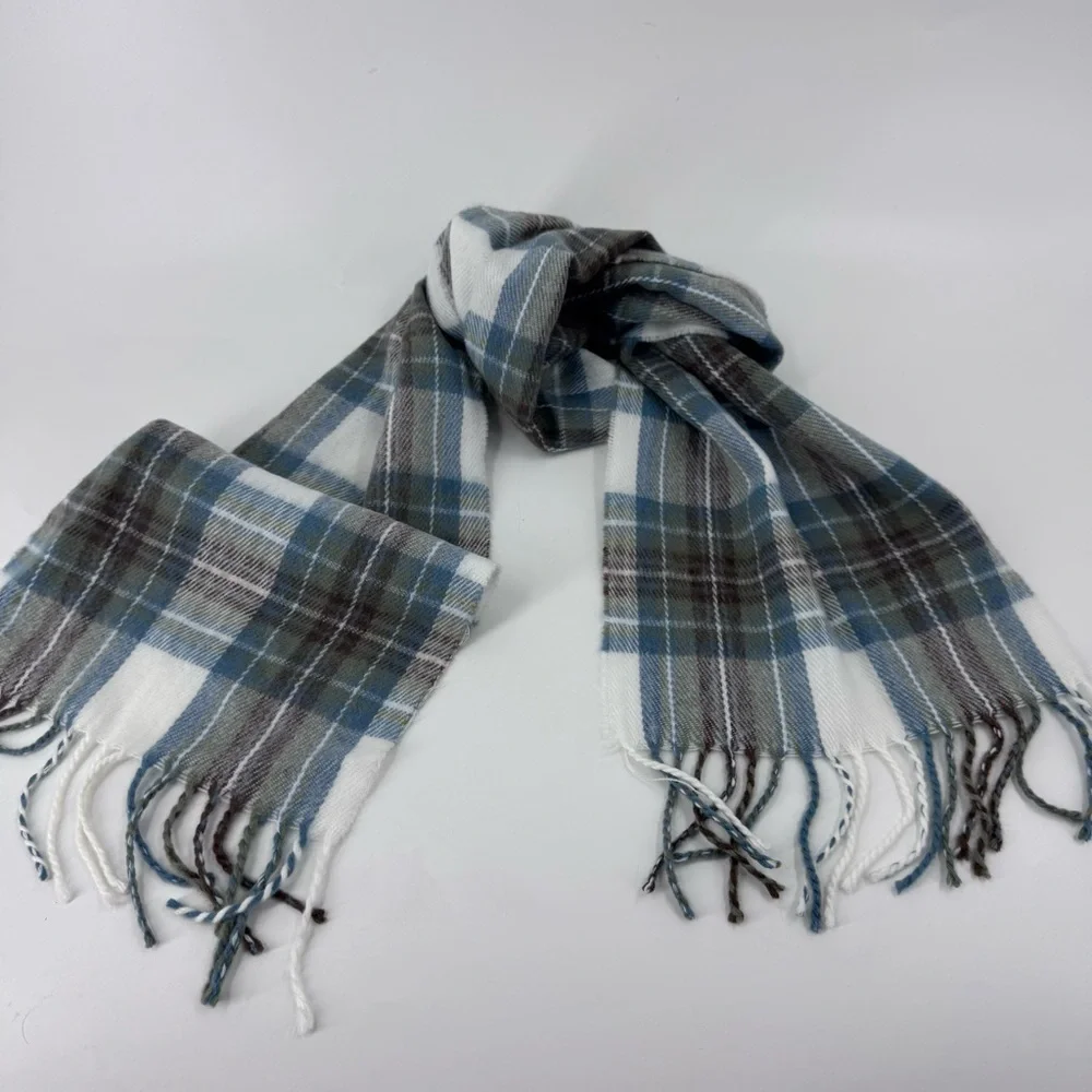 James Pringle Weavers Blue and Gray Tartan Scarf with Fringed Ends